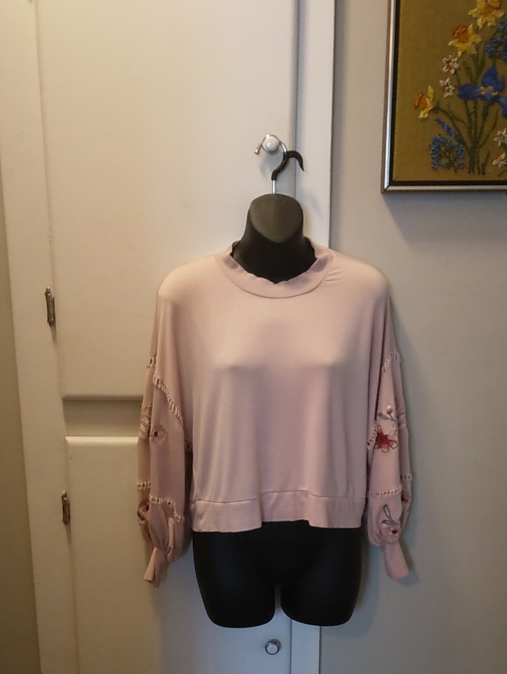 Harper Light Pink Embroidered Balloon Sleeve Pullover